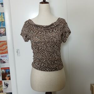 Urban Outfitters Cowl Neck Off The Shoulder Leopard Mesh Top